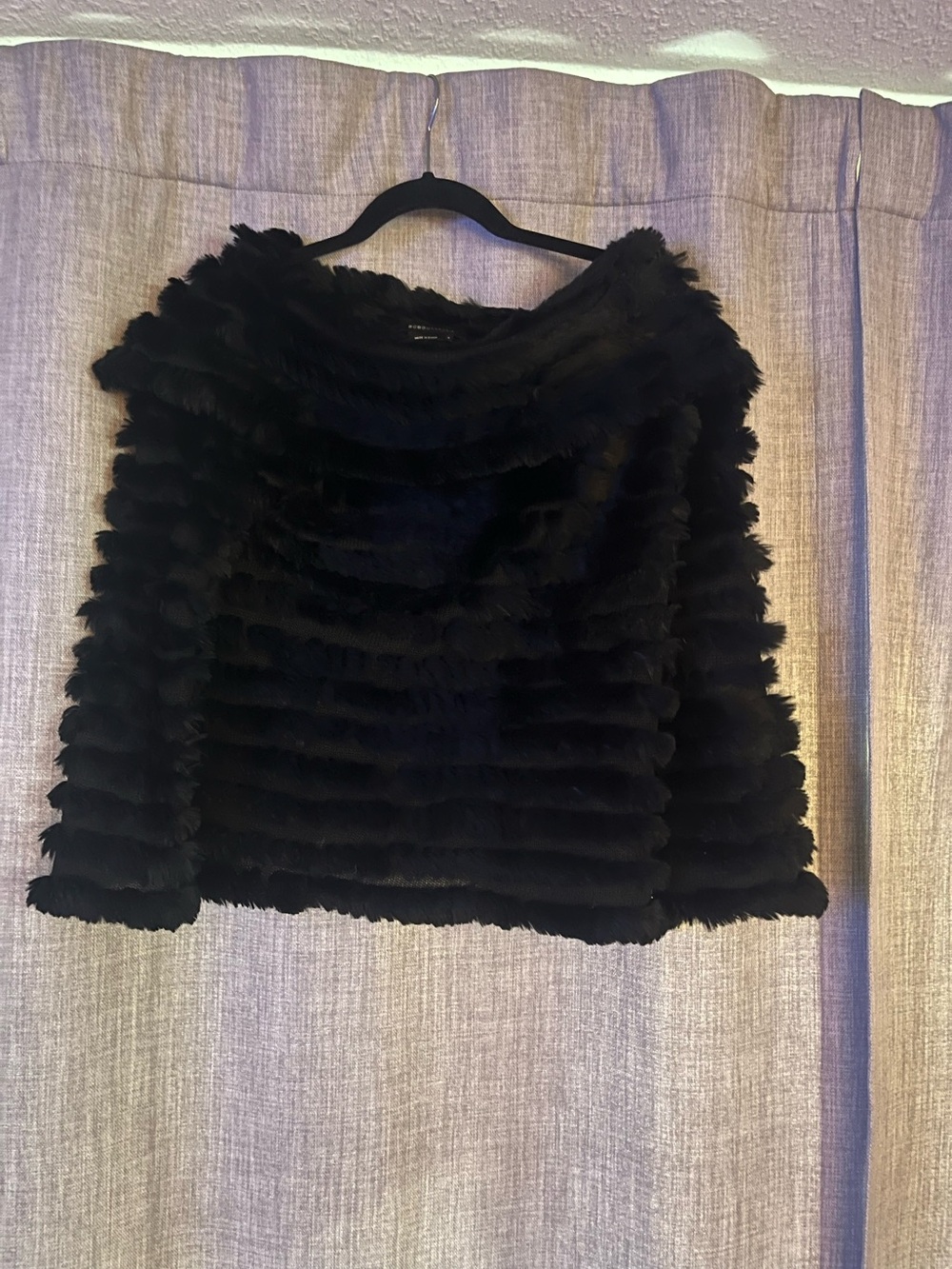 Plush Black Off-the-Shoulder Rabbit Fur Sweater